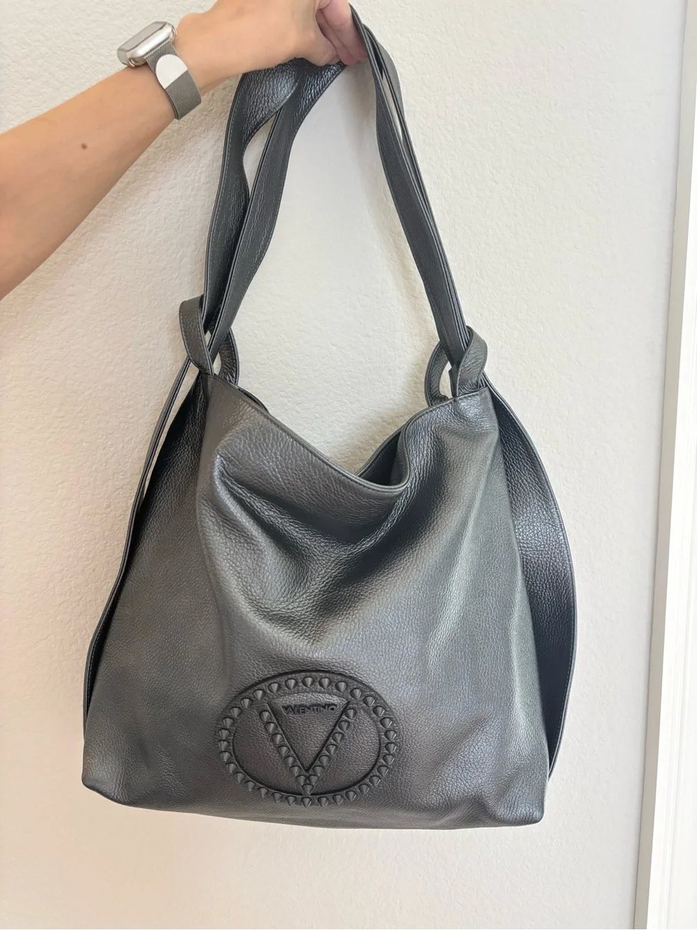 Valentino Metallic Gray Studded Logo Leather Tote
